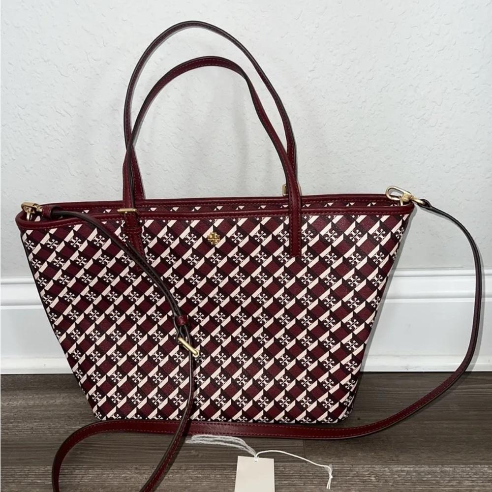 TORY BURCH GEO LOGO MINI ZIP TOP TOTE CRIMSON RES GEO LOGO EUC